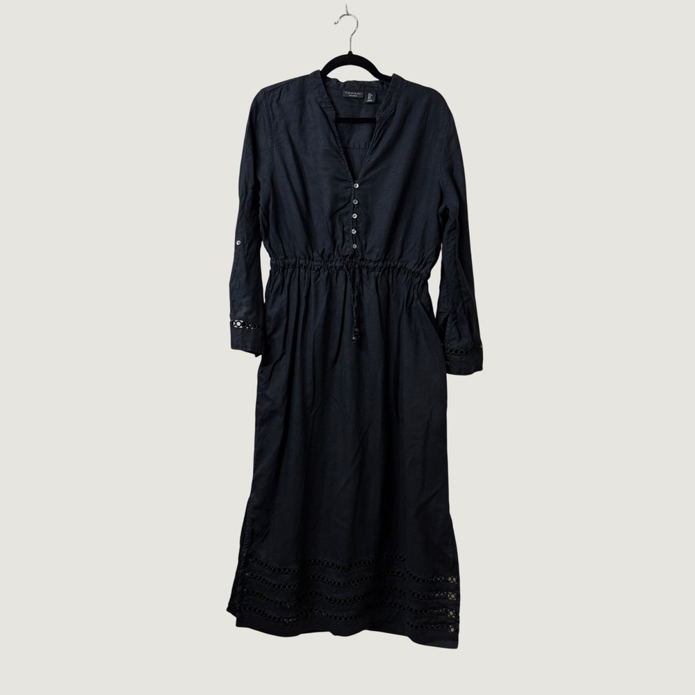 Tahari Linen Moody Black Maxi Dress Eyelet Lace Dark Romantic Goth Witchy Large